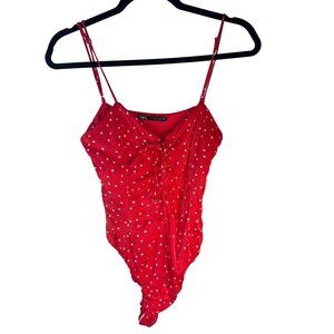 2/$30 ZARA Red Star-Print Spaghetti Medium Strap Ruched Bodysuit